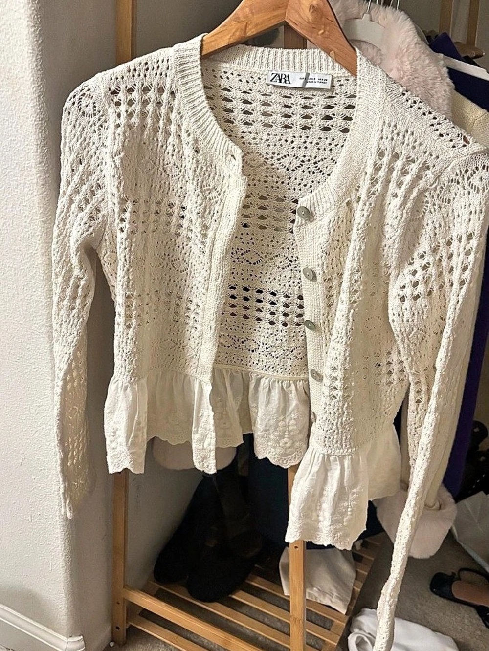 Zara Poplin Trim Combination Cardigan Cream Small